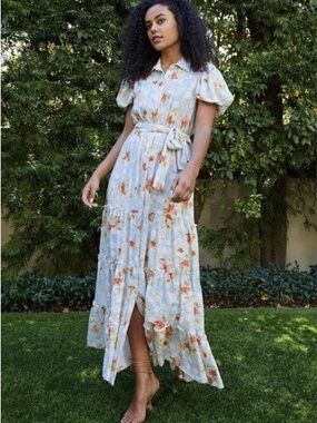 Misa Los Angeles Light Blue Floral Tiered Maxi Dress with Puff Sleeves